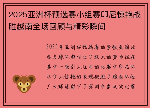 2025亚洲杯预选赛小组赛印尼惊艳战胜越南全场回顾与精彩瞬间